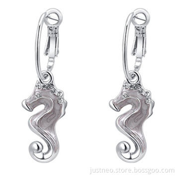Fashion women hanging earrings, gold plated alloy with sea horse pendant